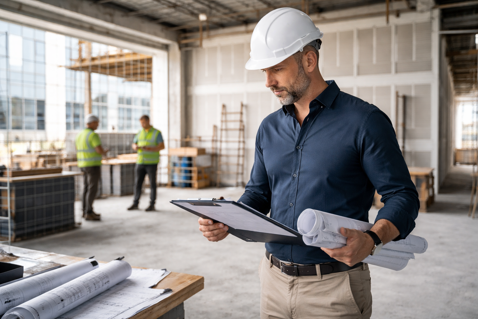 Contractor reviewing plans and managing a renovation